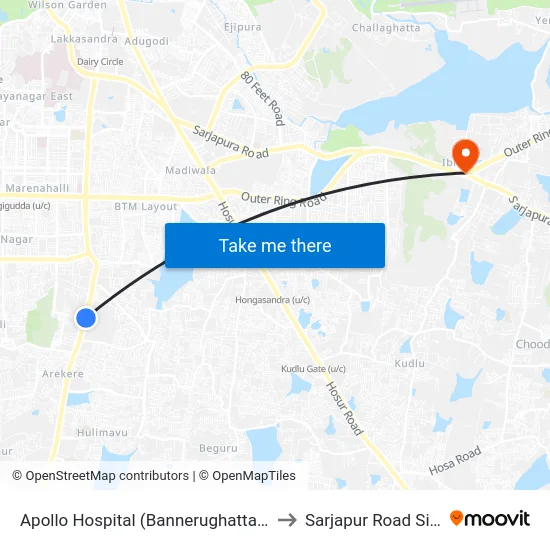 Apollo Hospital (Bannerughatta Road) to Sarjapur Road Signal map