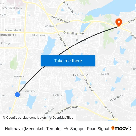 Hulimavu (Meenakshi Temple) to Sarjapur Road Signal map