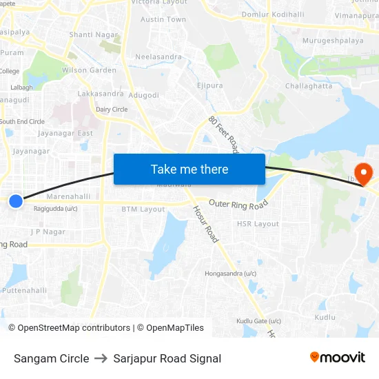 Sangam Circle to Sarjapur Road Signal map