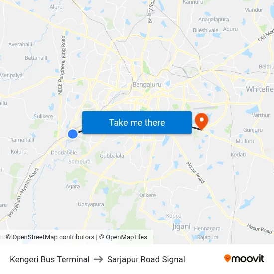 Kengeri Bus Terminal to Sarjapur Road Signal map