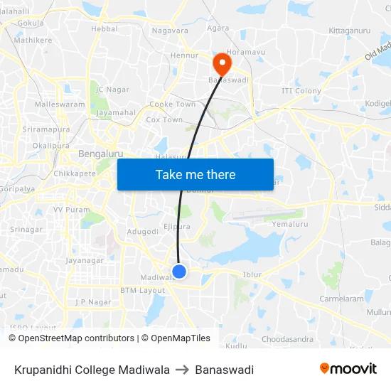 Krupanidhi College Madiwala to Banaswadi map
