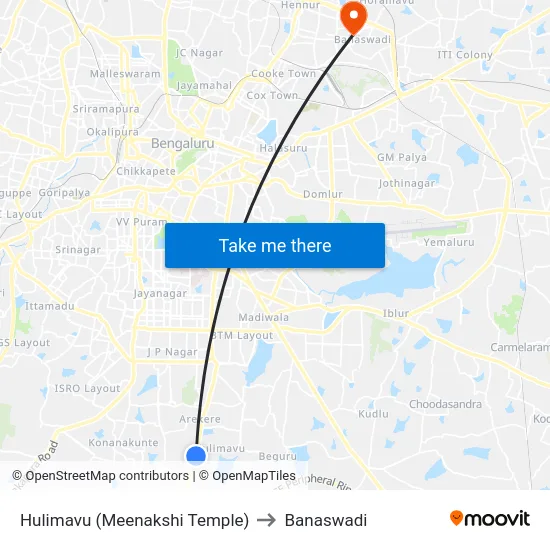 Hulimavu (Meenakshi Temple) to Banaswadi map