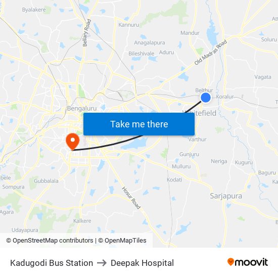 Kadugodi Bus Station to Deepak Hospital map