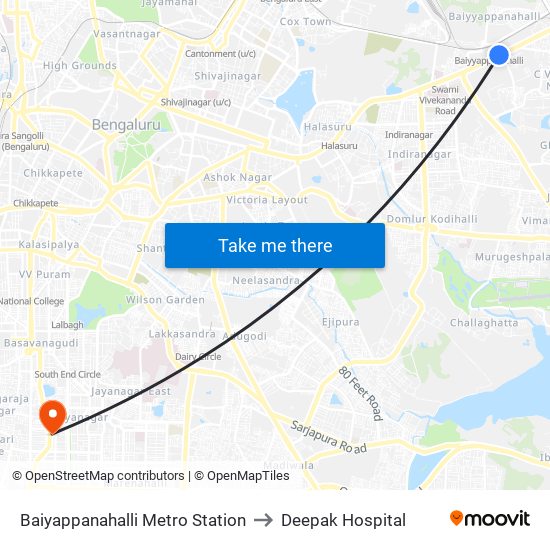 Baiyappanahalli Metro Station to Deepak Hospital map