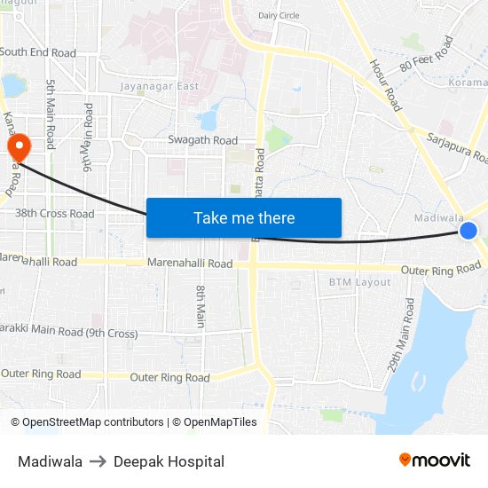 Madiwala to Deepak Hospital map