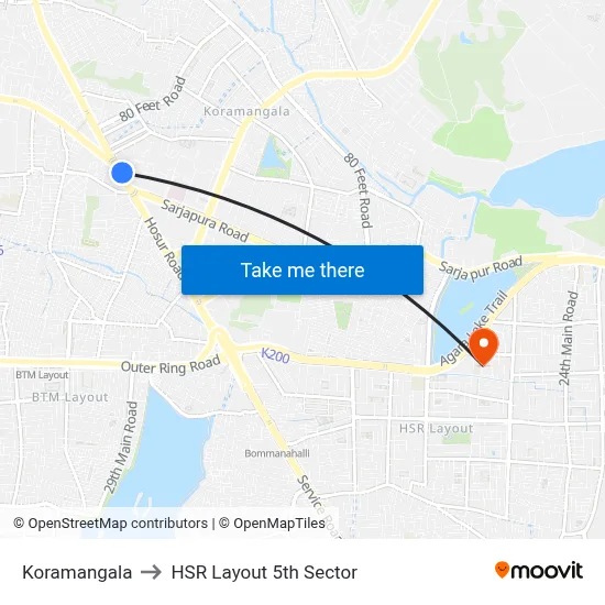 Koramangala to HSR Layout 5th Sector map