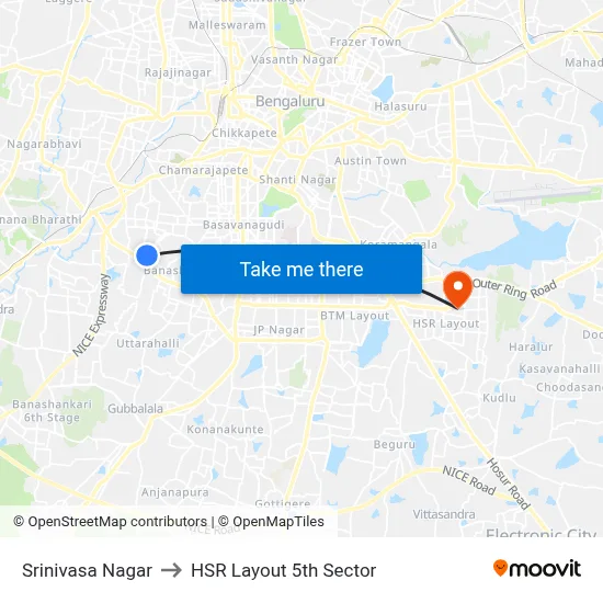 Srinivasa Nagar to HSR Layout 5th Sector map
