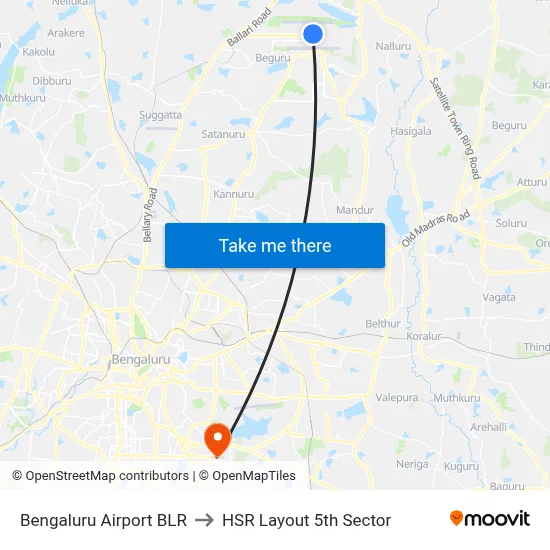 Bengaluru Airport BLR to HSR Layout 5th Sector map