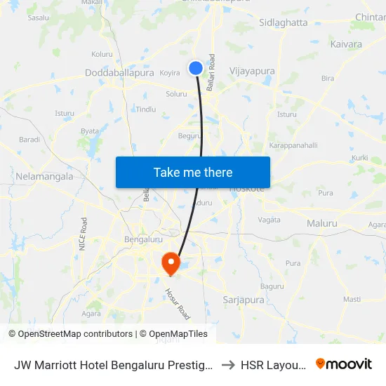 JW Marriott Hotel Bengaluru Prestige Golfshire Resort &amp; Spa to HSR Layout 5th Sector map
