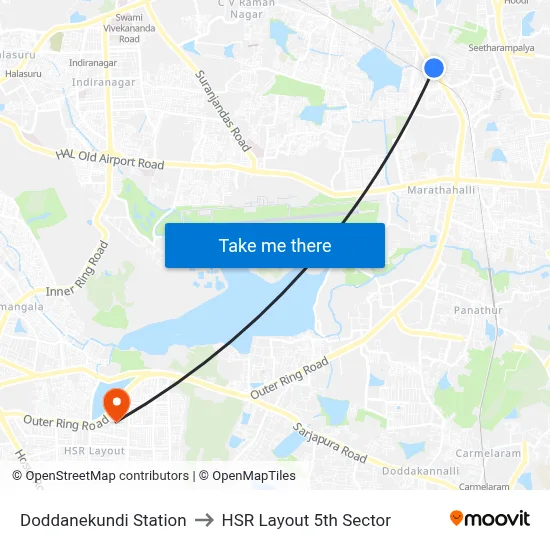 Doddanekundi Station to HSR Layout 5th Sector map