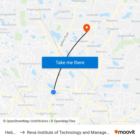 Hebbal to Reva Institute of Technology and Management map