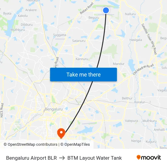 Bengaluru Airport BLR to BTM Layout Water Tank map