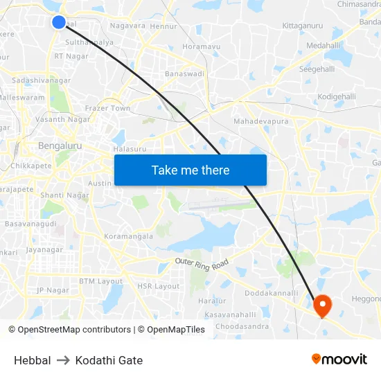 Hebbal to Kodathi Gate map