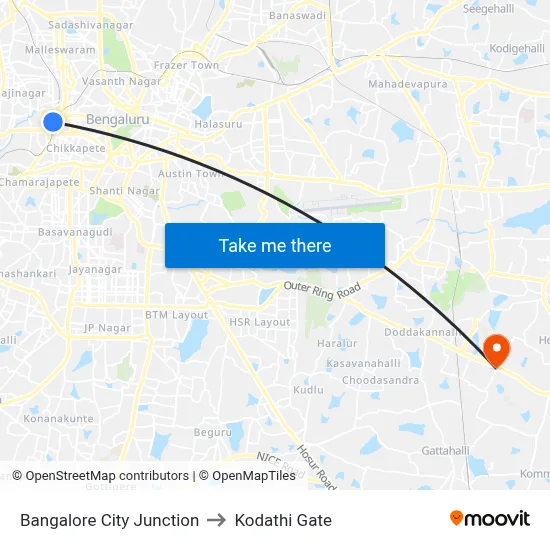 Bangalore City Junction to Kodathi Gate map