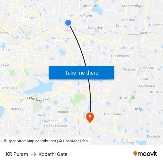 KR Puram to Kodathi Gate map