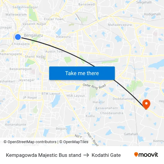 Kempagowda Majestic Bus stand to Kodathi Gate map