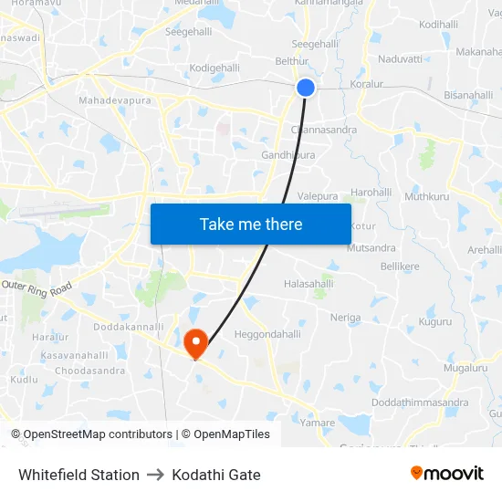 Whitefield Station to Kodathi Gate map