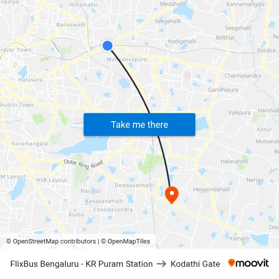 FlixBus Bengaluru - KR Puram Station to Kodathi Gate map