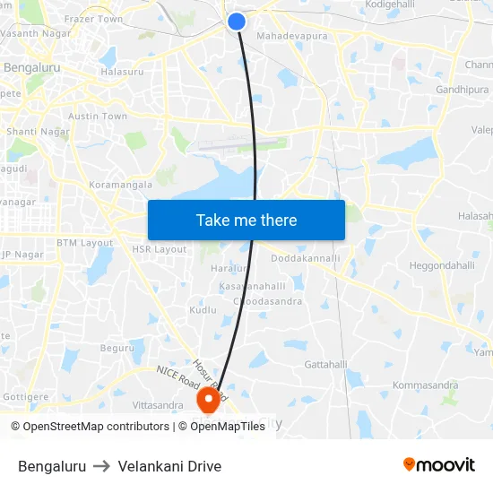 Bengaluru to Velankani Drive map