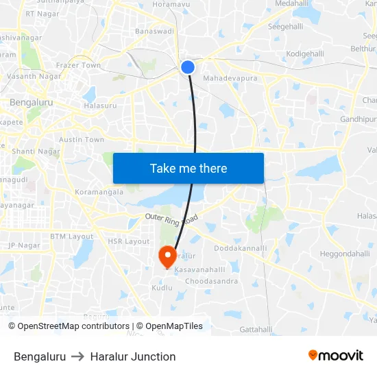 Bengaluru to Haralur Junction map