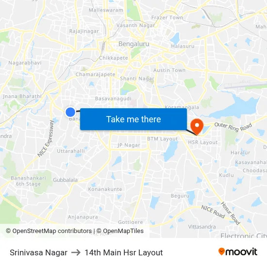 Srinivasa Nagar to 14th Main Hsr Layout map