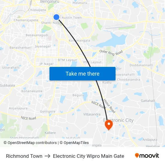 Richmond Town to Electronic City Wipro Main Gate map