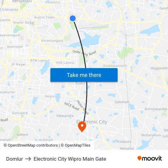 Domlur to Electronic City Wipro Main Gate map