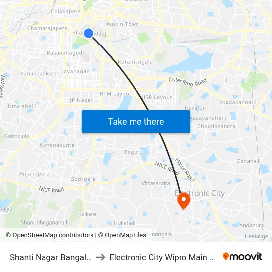 Shanti Nagar Bangalore to Electronic City Wipro Main Gate map