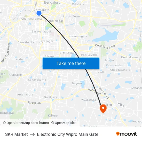 SKR Market to Electronic City Wipro Main Gate map