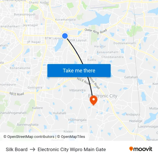 Silk Board to Electronic City Wipro Main Gate map