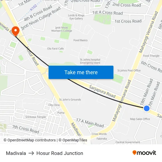 Madivala to Hosur Road Junction map