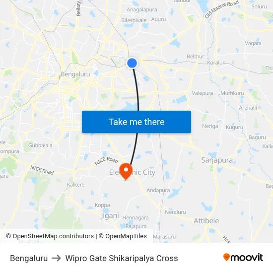 Bengaluru to Wipro Gate Shikaripalya Cross map