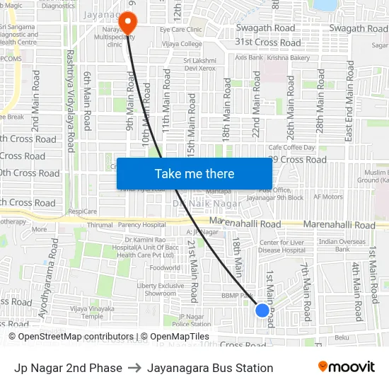 Jp Nagar 2nd Phase to Jayanagara Bus Station map