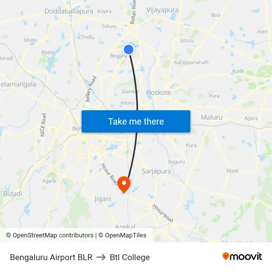 Bengaluru Airport BLR to Btl College map