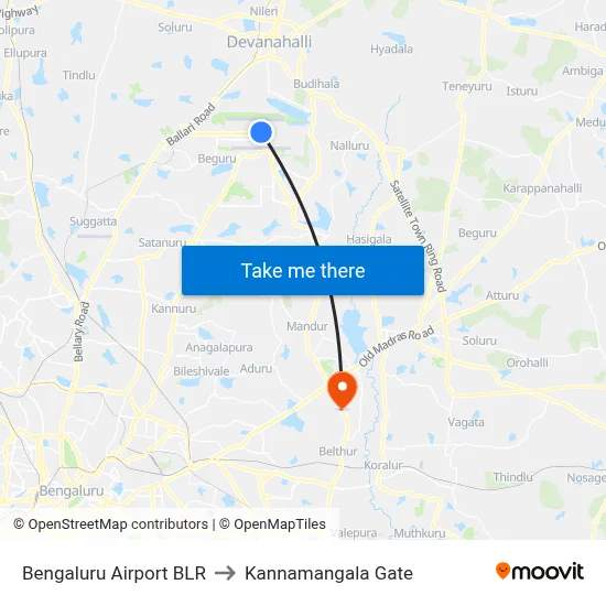 Bengaluru Airport BLR to Kannamangala Gate map