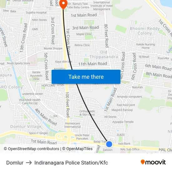 Domlur to Indiranagara Police Station / Kfc map