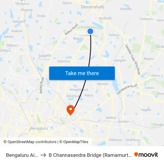 Bengaluru Airport BLR to B Channasandra Bridge (Ramamurthy Nagara Ring Road) map