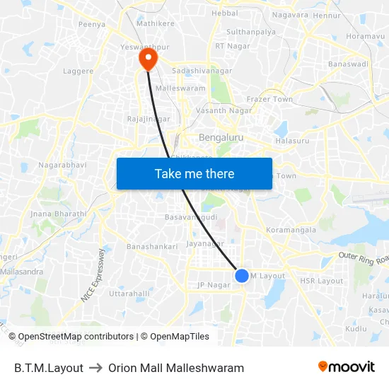 B.T.M.Layout to Orion Mall Malleshwaram map