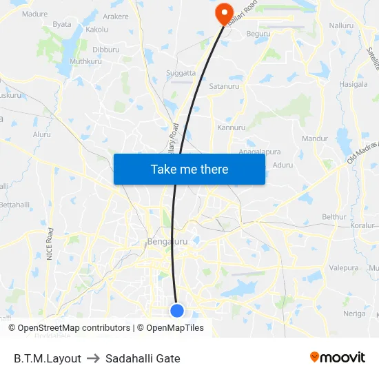 B.T.M.Layout to Sadahalli Gate map