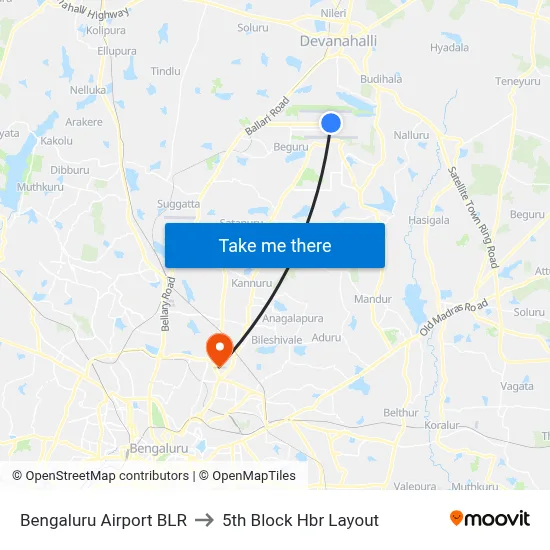 Bengaluru Airport BLR to 5th Block Hbr Layout map
