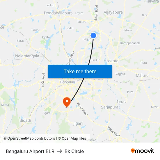 Bengaluru Airport BLR to Bk Circle map