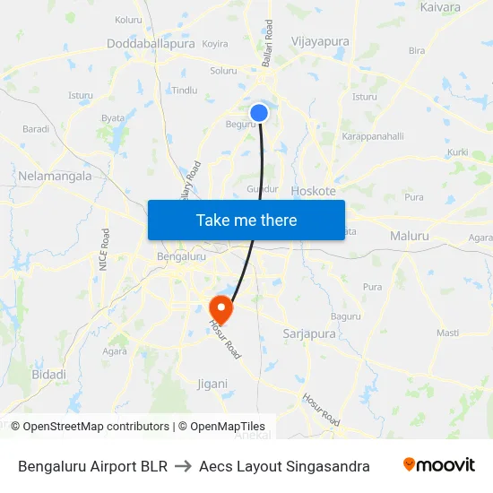 Bengaluru Airport BLR to Aecs Layout Singasandra map