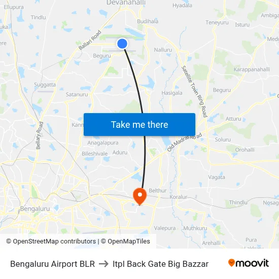 Bengaluru Airport BLR to Itpl Back Gate Big Bazzar map