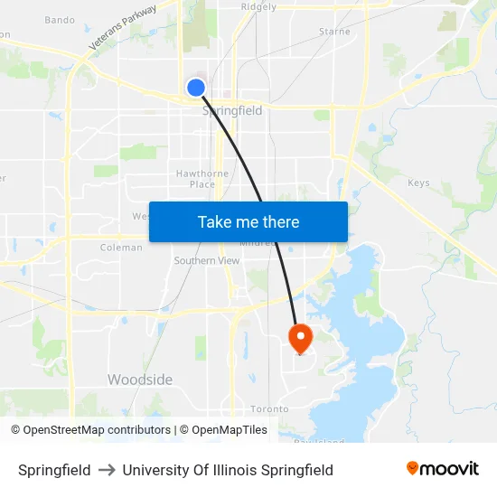Springfield to University Of Illinois Springfield map