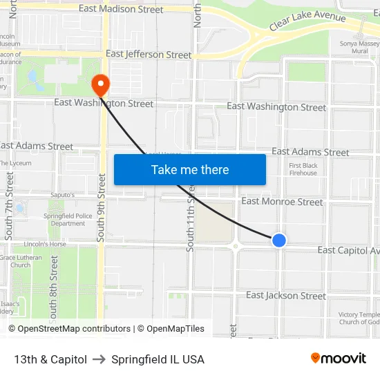 13th & Capitol to Springfield IL USA map