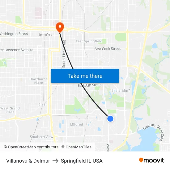 Villanova & Delmar to Springfield IL USA map