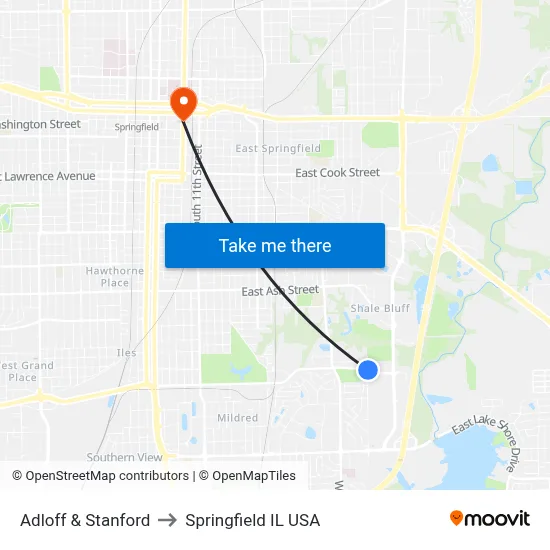Adloff & Stanford to Springfield IL USA map