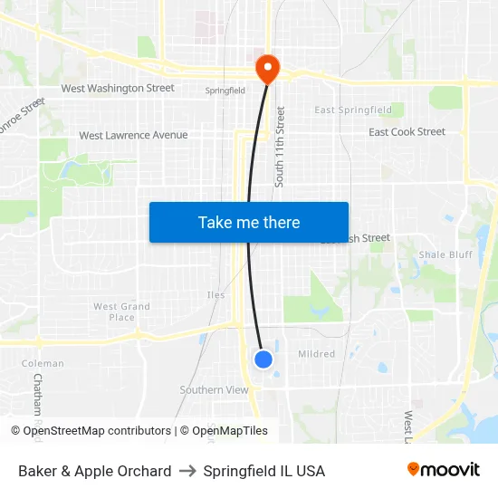 Baker & Apple Orchard to Springfield IL USA map