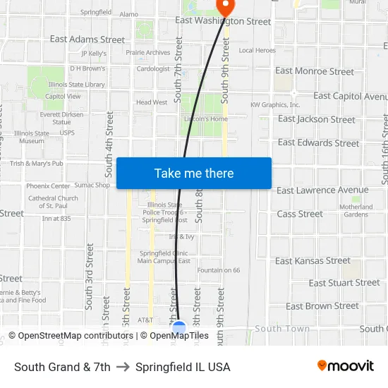 South Grand & 7th to Springfield IL USA map