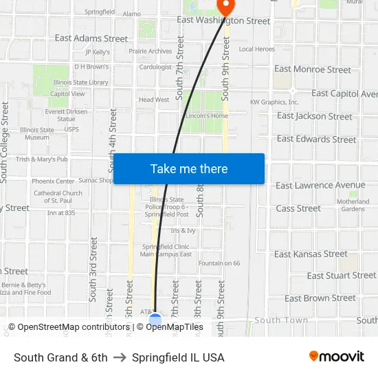 South Grand & 6th to Springfield IL USA map